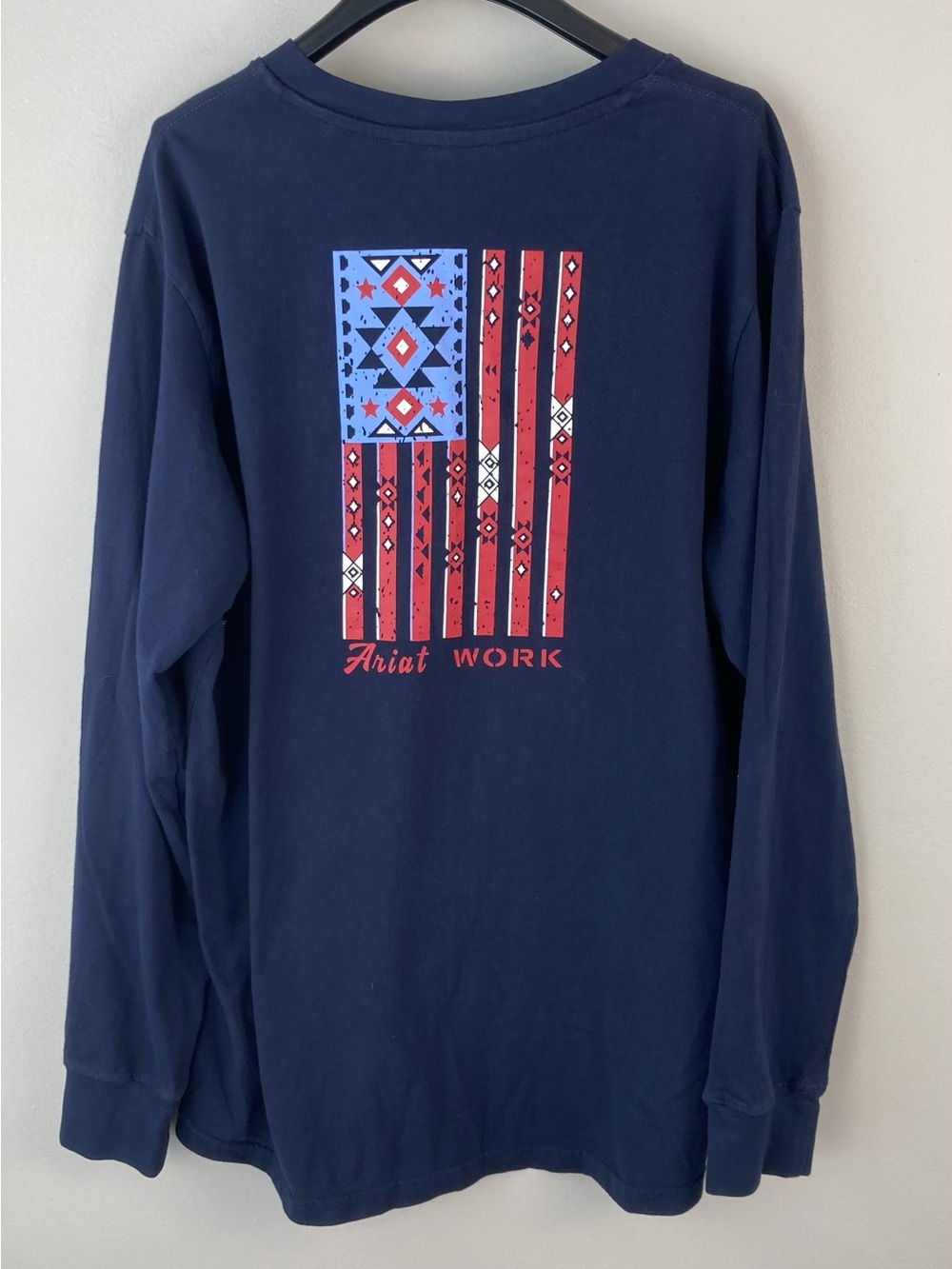 Ariat Navy Long Sleeve Tee with Red and Light Blue Graphic Flag Pocket Size XL